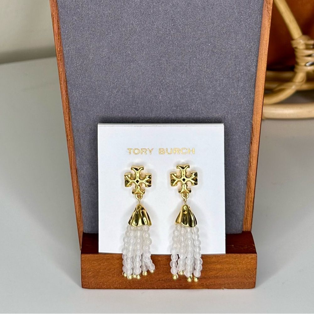 Tory Burch Roxanne Tassel Earrings Gold-Plated Brass Clear Beaded Drop 2.25” - Picture 7 of 8